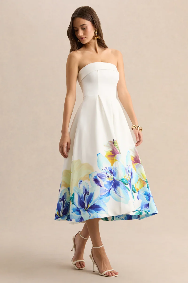 Annalise | Vestido Midi Bandeau De Crepé Elástico Premium Con Estampado Floral Azul Y Amarillo - Imagen 6