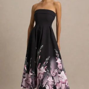 Annalise | Vestido midi con escote palabra de honor y estampado floral en cenefa rosa