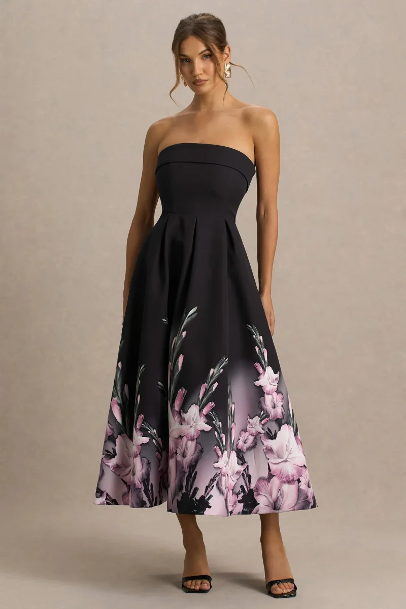Annalise | Vestido midi con escote palabra de honor y estampado floral en cenefa rosa - Imagen 8