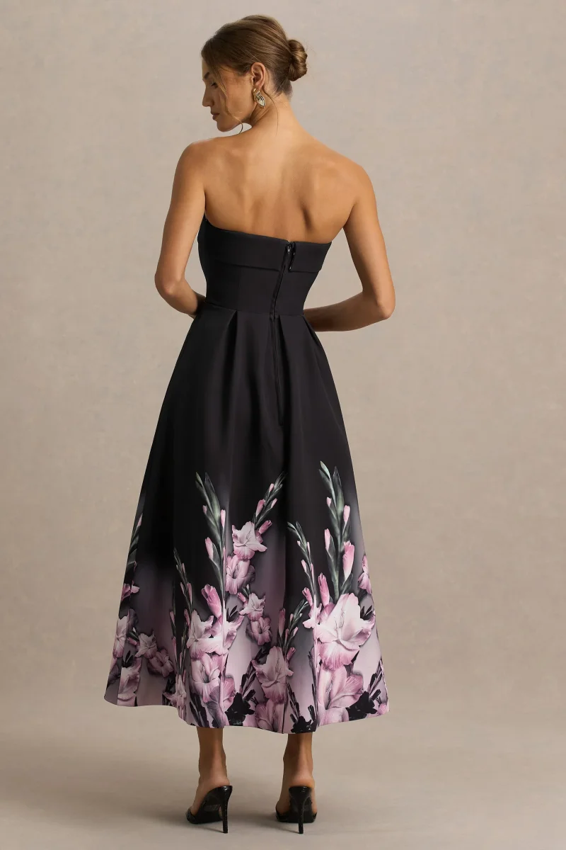 Annalise | Vestido midi con escote palabra de honor y estampado floral en cenefa rosa - Imagen 9