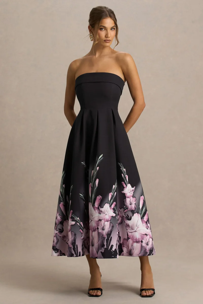 Annalise | Vestido midi con escote palabra de honor y estampado floral en cenefa rosa - Imagen 4