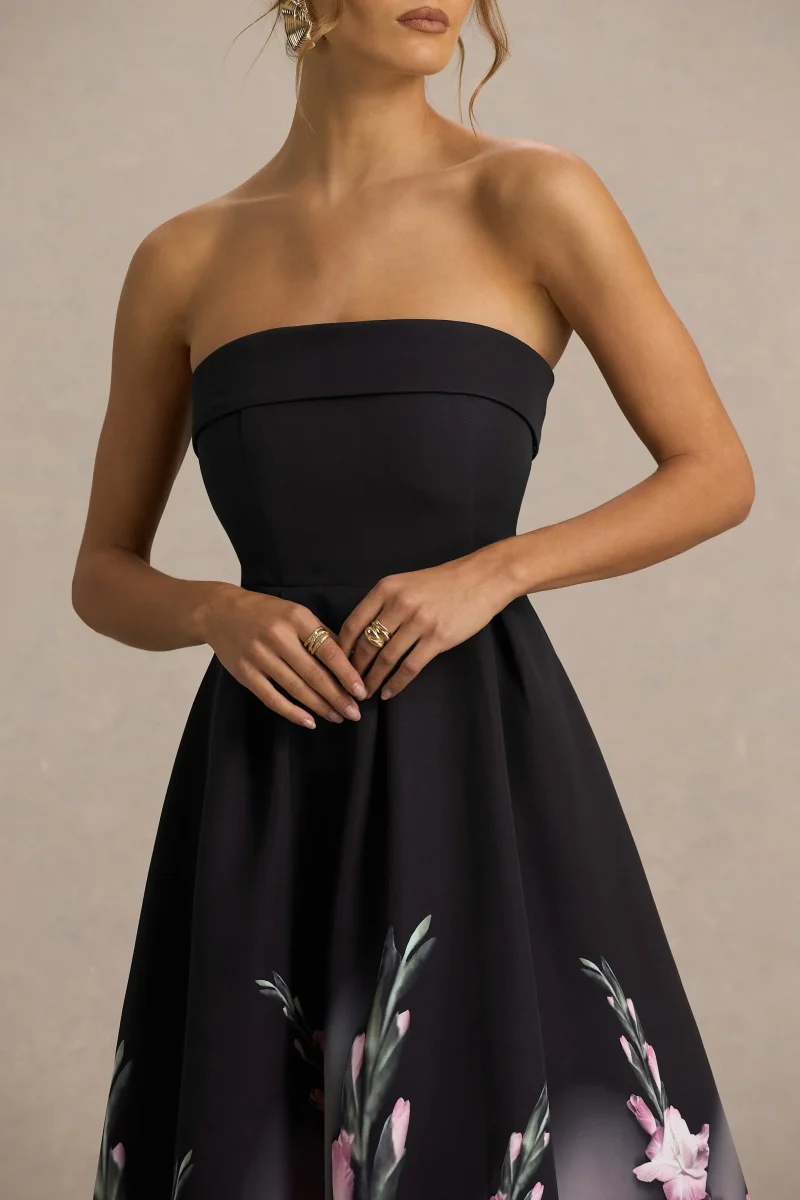 Annalise | Vestido midi con escote palabra de honor y estampado floral en cenefa rosa - Imagen 5