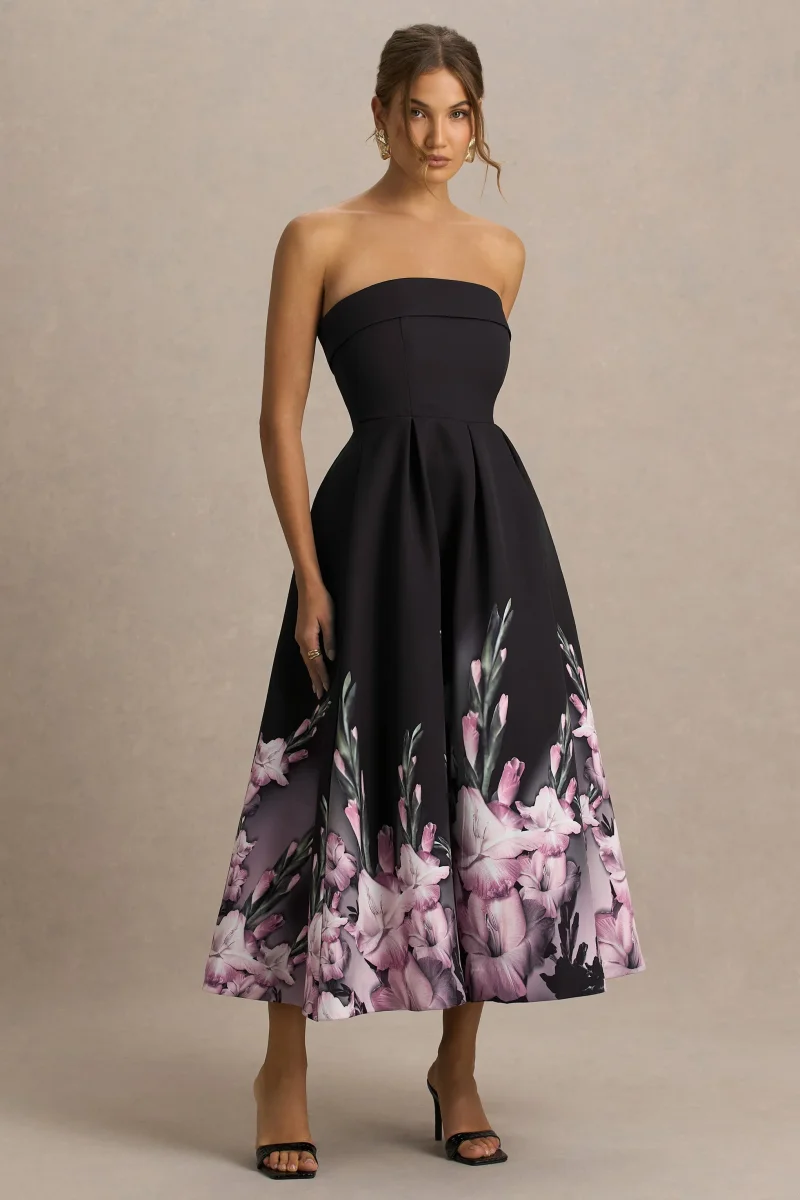 Annalise | Vestido midi con escote palabra de honor y estampado floral en cenefa rosa - Imagen 6