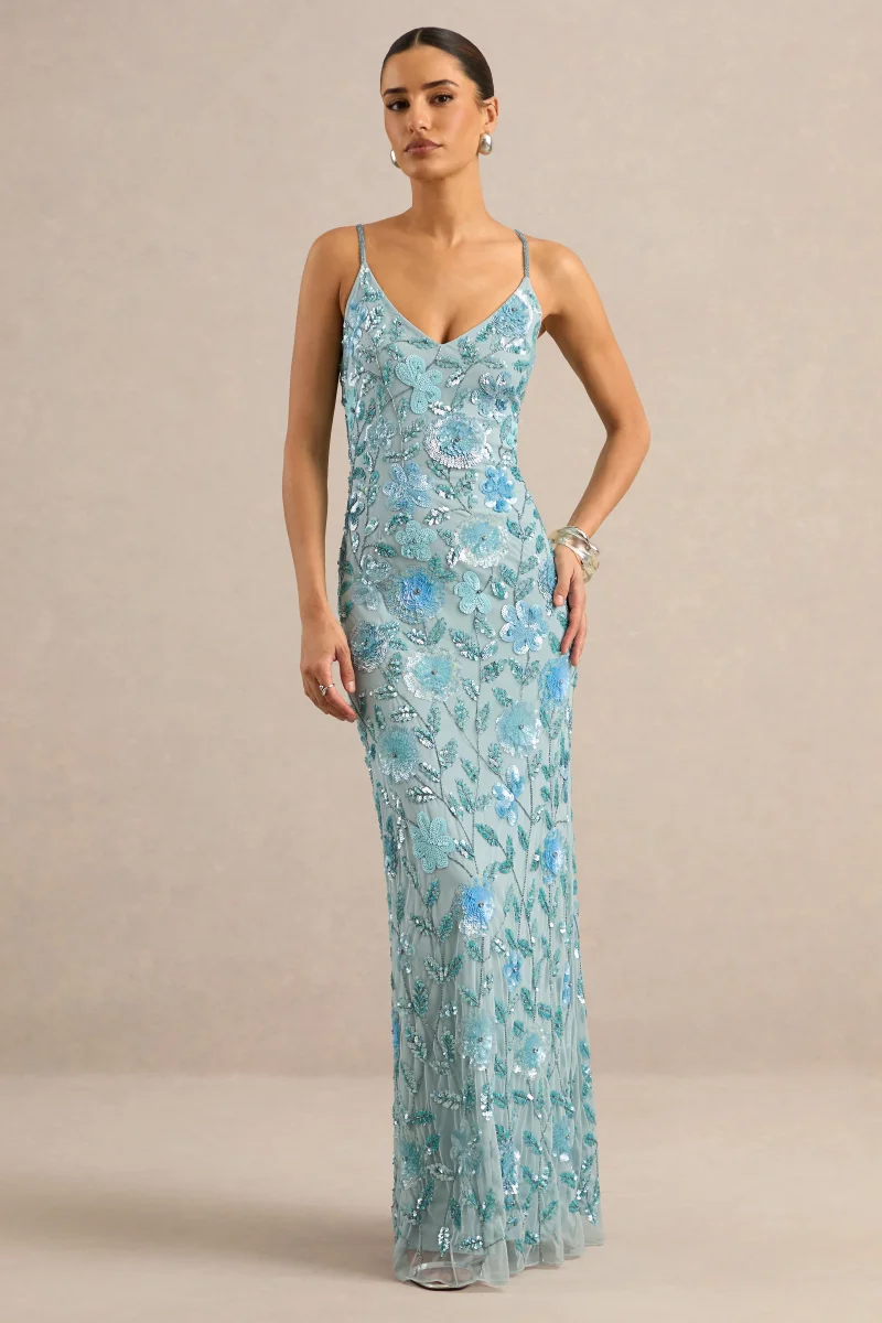 Gemini | Vestido Largo Azul Con Tirantes Y Pedrería - Imagen 4