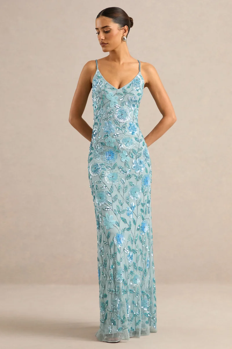 Gemini | Vestido Largo Azul Con Tirantes Y Pedrería - Imagen 6