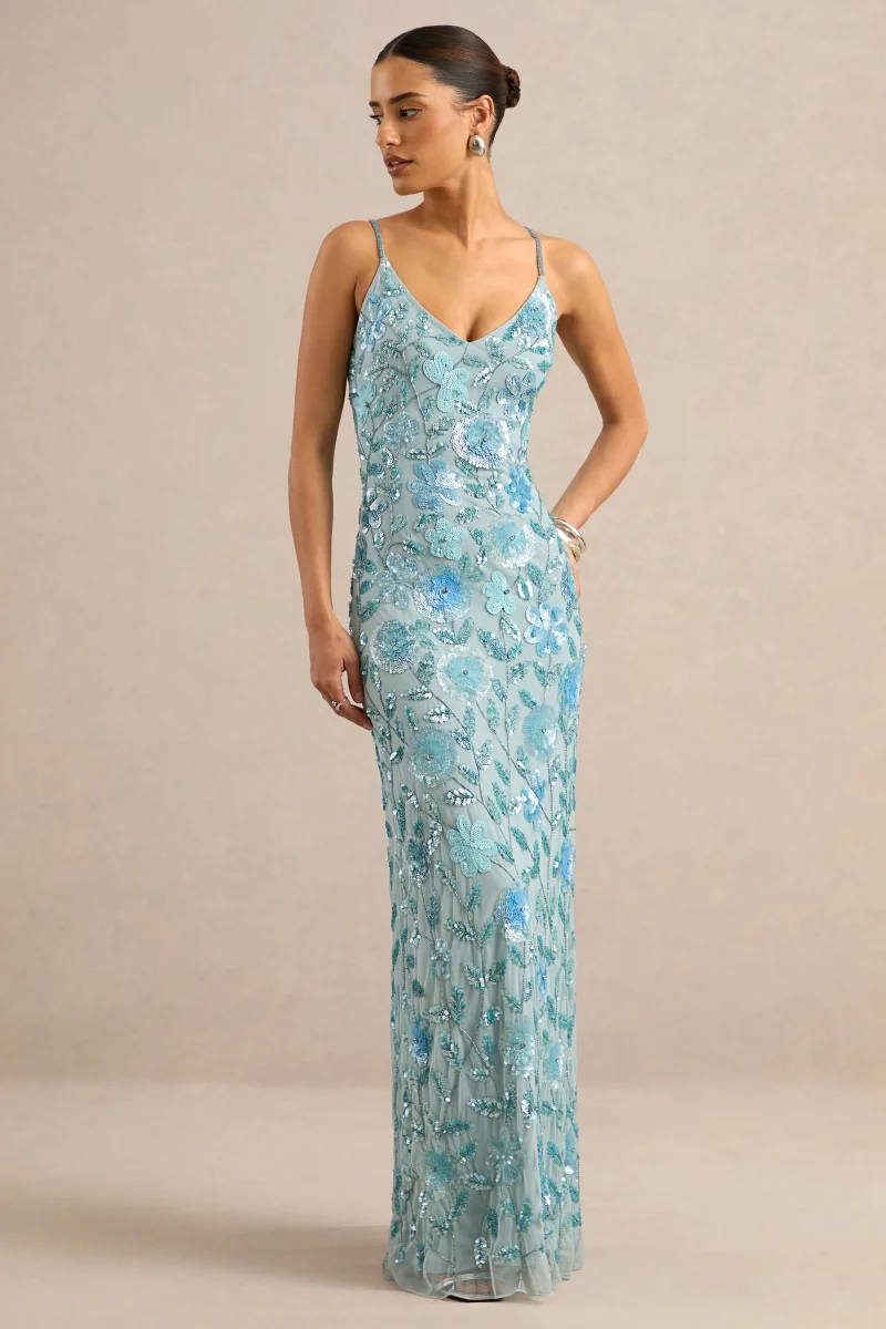 Gemini | Vestido Largo Azul Con Tirantes Y Pedrería - Imagen 8