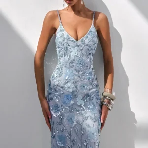 Gemini | Vestido Largo Azul Con Tirantes Y Pedrería