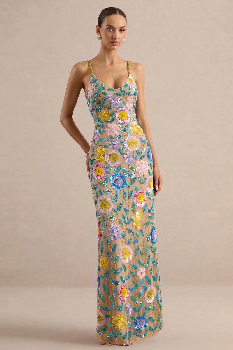 Gemini | Vestido Largo Color Nude Con Tirantes Y Pedrería Floral - Imagen 7