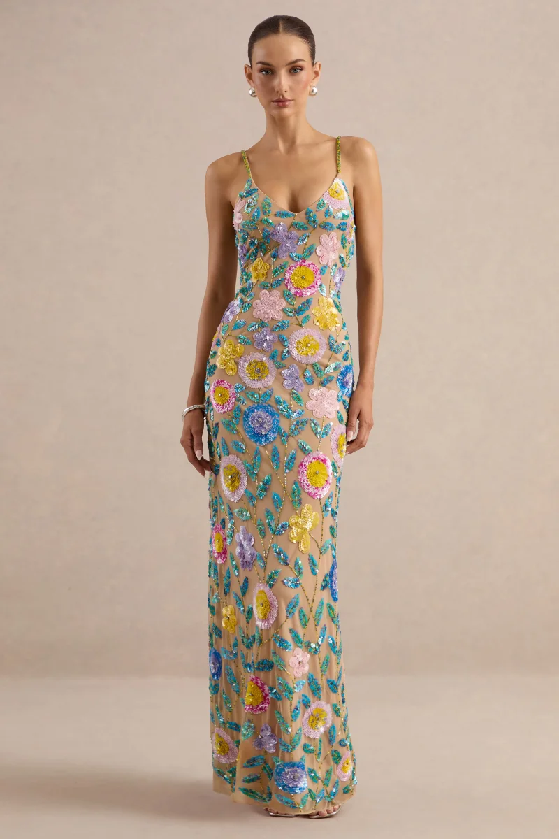 Gemini | Vestido Largo Color Nude Con Tirantes Y Pedrería Floral - Imagen 5
