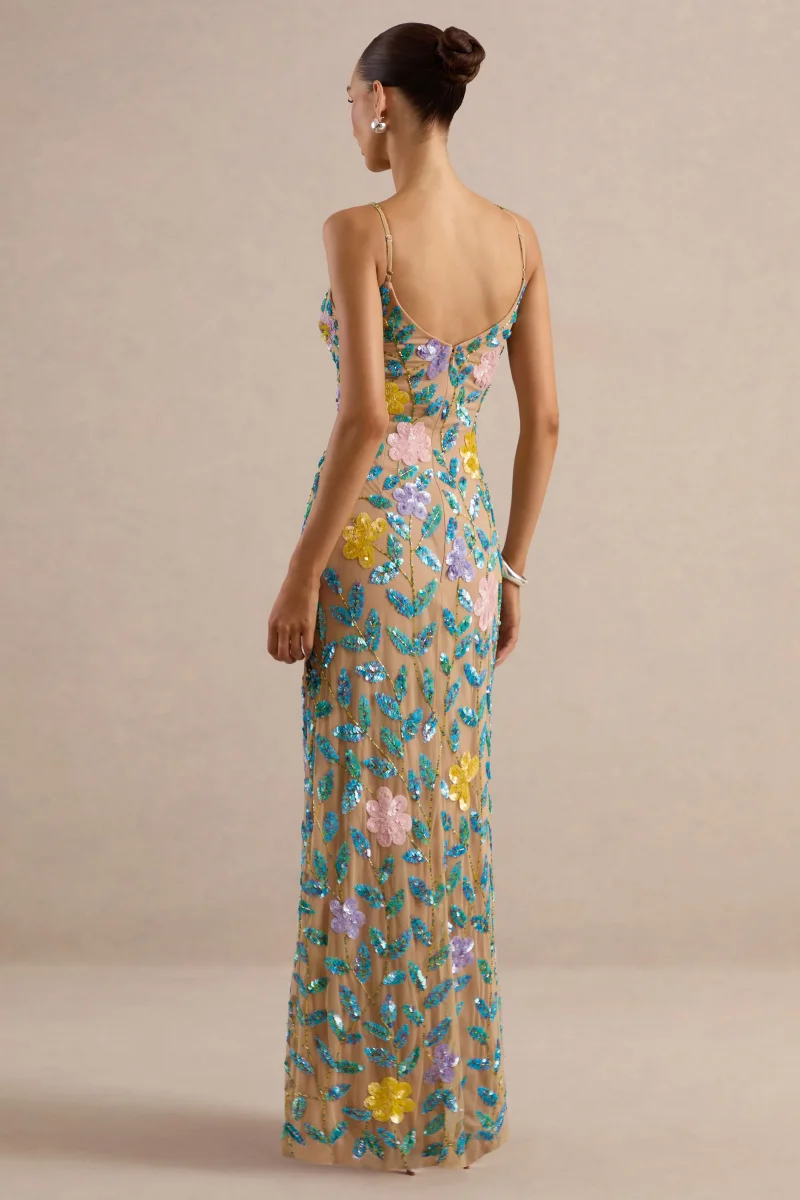 Gemini | Vestido Largo Color Nude Con Tirantes Y Pedrería Floral - Imagen 6
