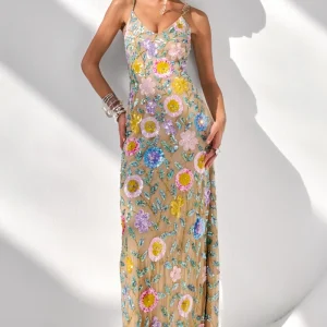 Gemini | Vestido Largo Color Nude Con Tirantes Y Pedrería Floral