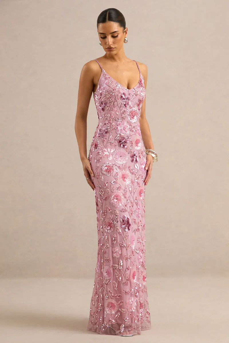 Gemini | Vestido Largo Rosa Con Tirantes Y Pedrería - Imagen 6