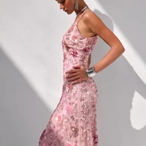 Gemini | Vestido Largo Rosa Con Tirantes Y Pedrería