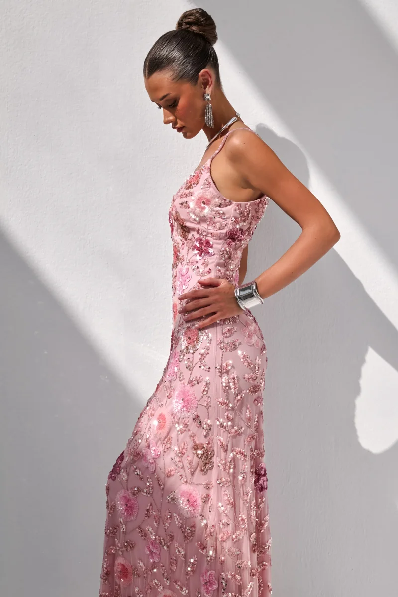 Gemini | Vestido Largo Rosa Con Tirantes Y Pedrería
