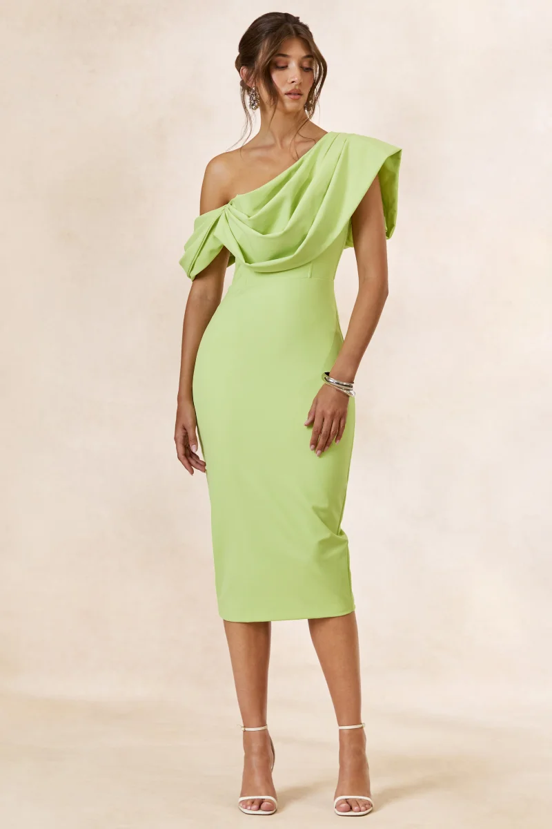 Adrina | Vestido Midi Lima con Escote Asimétrico Drapeado - Imagen 4