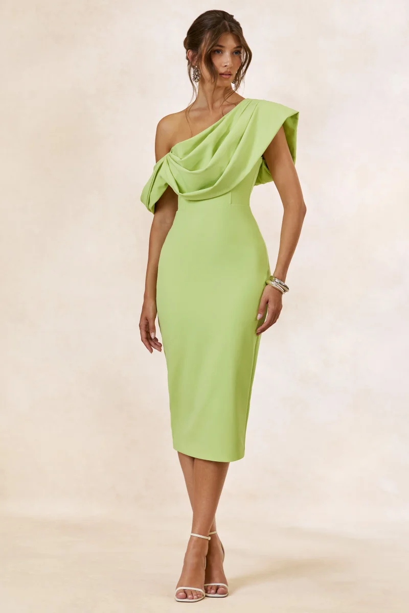Adrina | Vestido Midi Lima con Escote Asimétrico Drapeado - Imagen 6