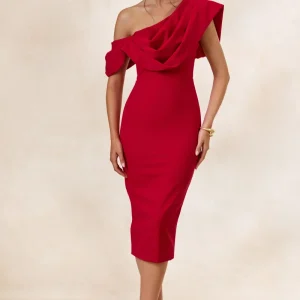Adrina | Vestido Midi Rojo Drapeado De Un Solo Hombro