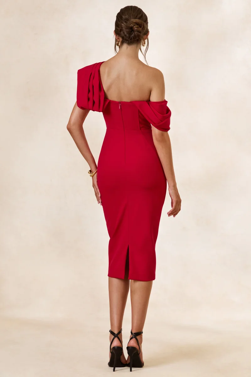 Adrina | Vestido Midi Rojo Drapeado De Un Solo Hombro - Imagen 3