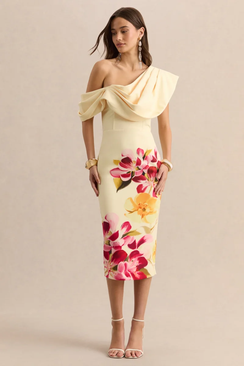 Adrina | Rosa Intenso y Limón Estampado Floral Drapeado Un Hombro Vestido Midi - Imagen 5