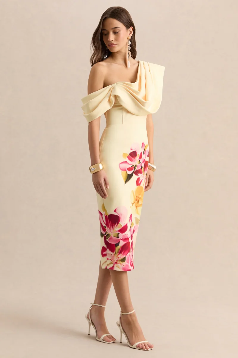 Adrina | Rosa Intenso y Limón Estampado Floral Drapeado Un Hombro Vestido Midi - Imagen 6