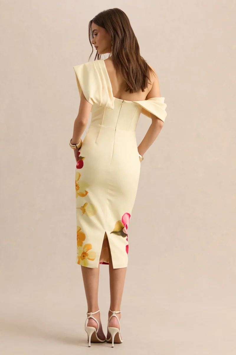 Adrina | Rosa Intenso y Limón Estampado Floral Drapeado Un Hombro Vestido Midi - Imagen 3