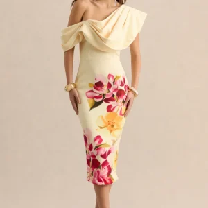 Adrina | Rosa Intenso y Limón Estampado Floral Drapeado Un Hombro Vestido Midi