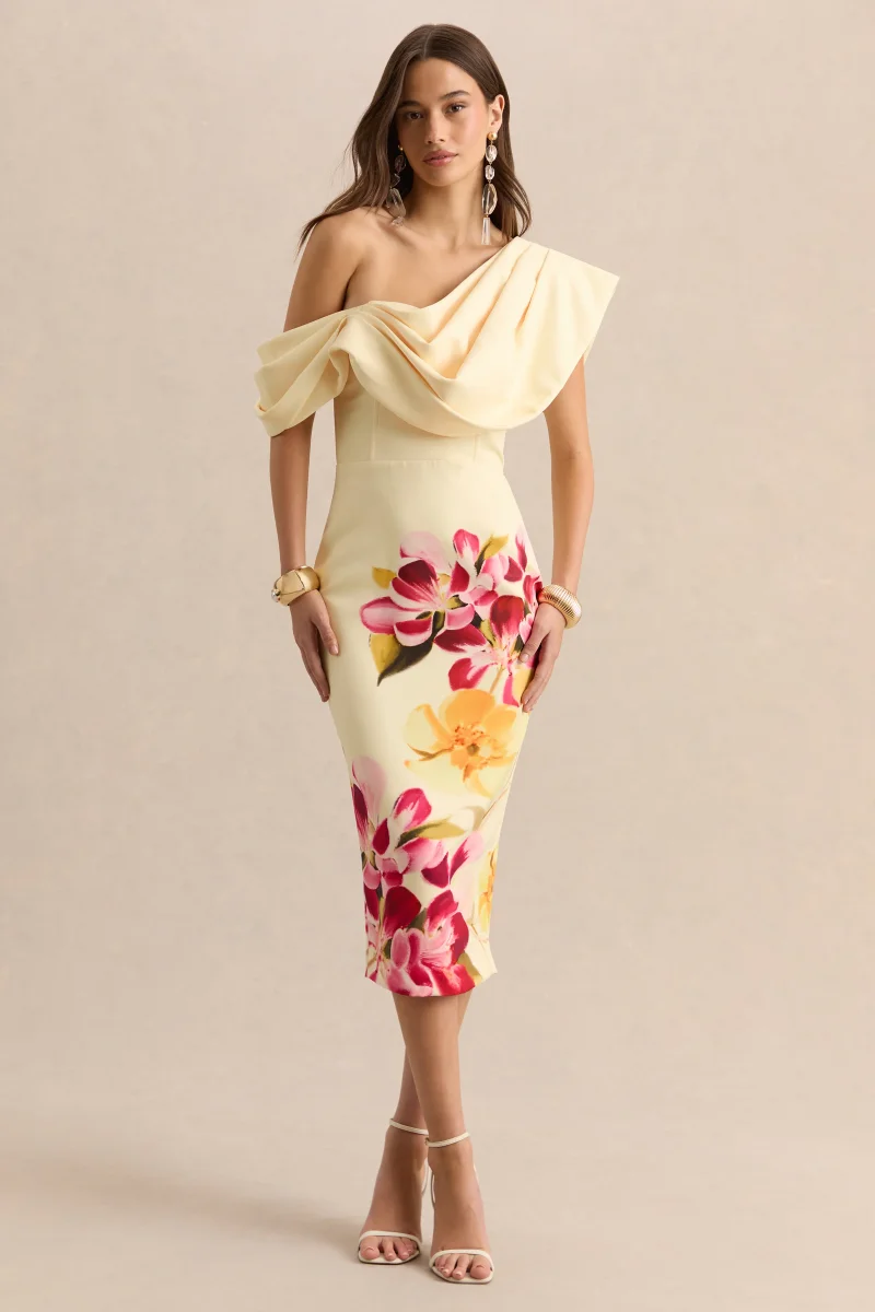 Adrina | Rosa Intenso y Limón Estampado Floral Drapeado Un Hombro Vestido Midi - Imagen 2