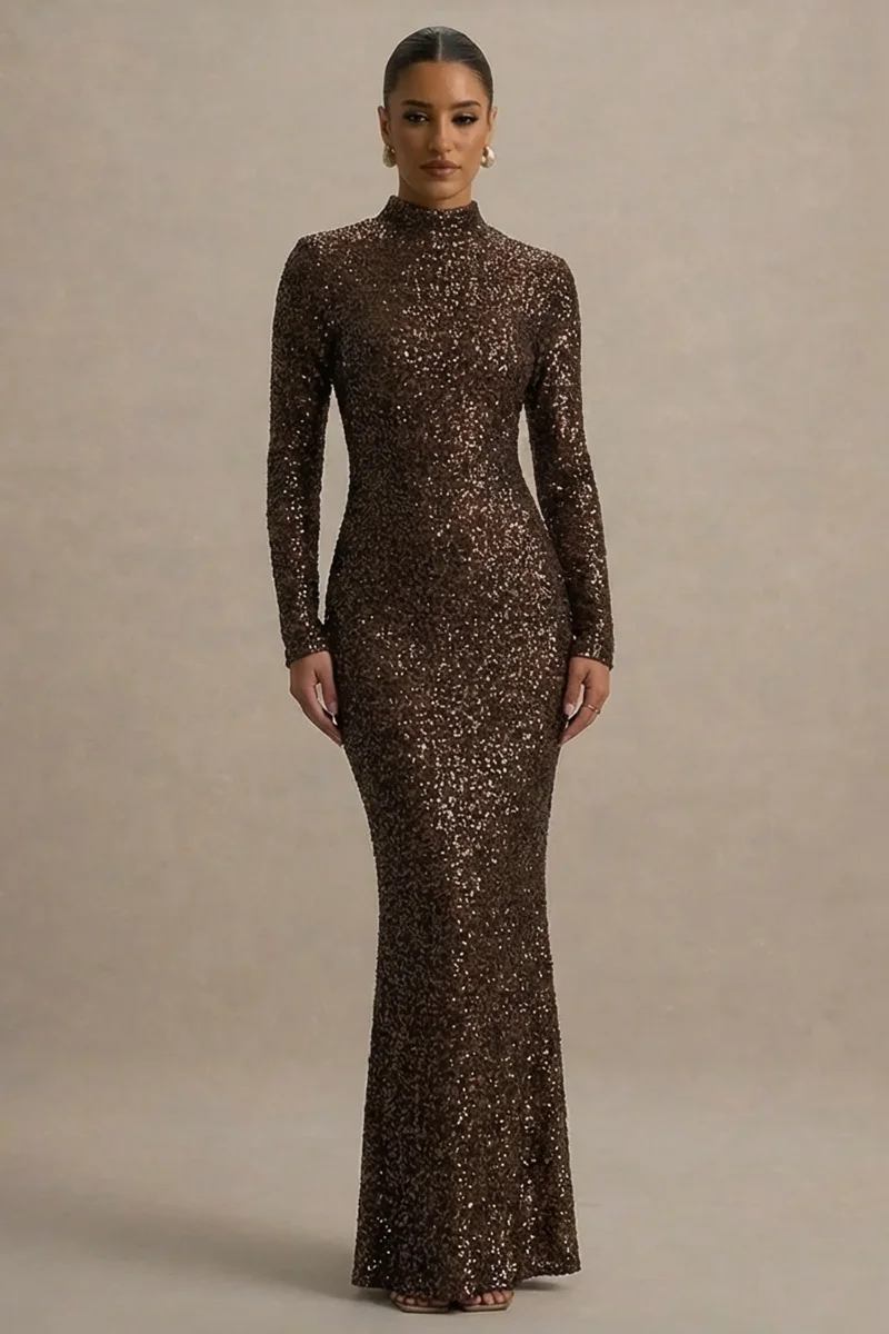 Galaxy | Vestido Largo Marrón de Lentejuelas con Cuello Cisne y Mangas Largas - Imagen 6