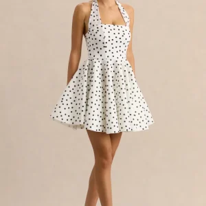 Peggy | Blanco y Negro Lunares Cuello Halter Evasé Vestido Corto