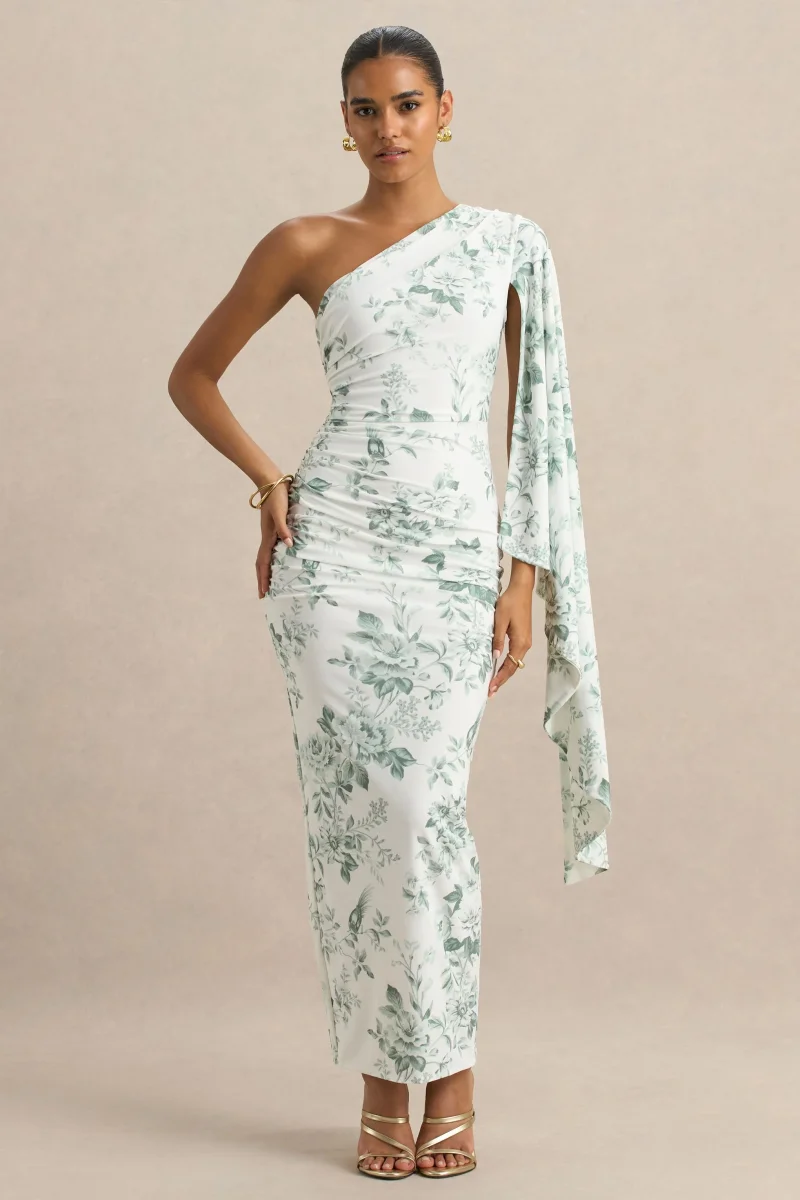 Clementina | Vestido largo verde con estampado de porcelana y manga tipo capa asimétrica - Imagen 5