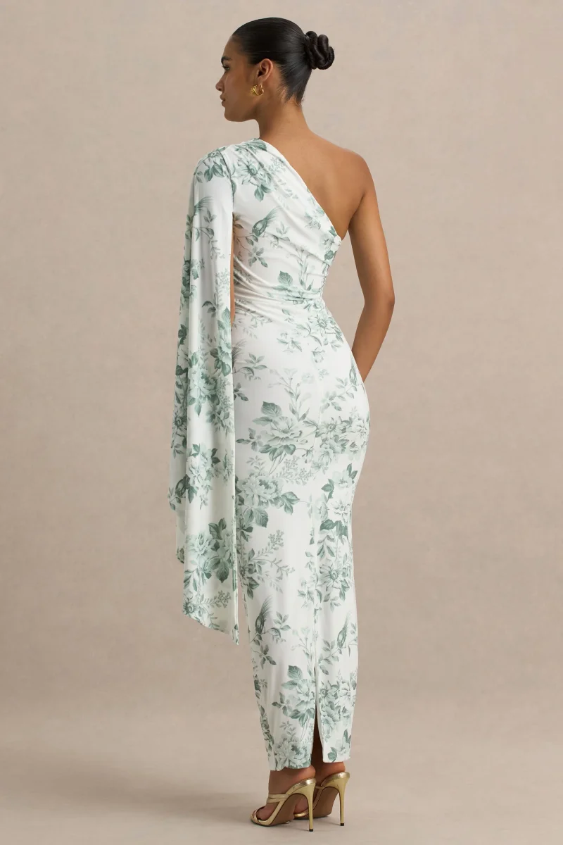 Clementina | Vestido largo verde con estampado de porcelana y manga tipo capa asimétrica - Imagen 4