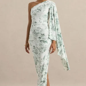 Clementina | Vestido largo verde con estampado de porcelana y manga tipo capa asimétrica