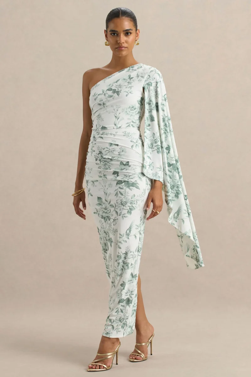 Clementina | Vestido largo verde con estampado de porcelana y manga tipo capa asimétrica - Imagen 2