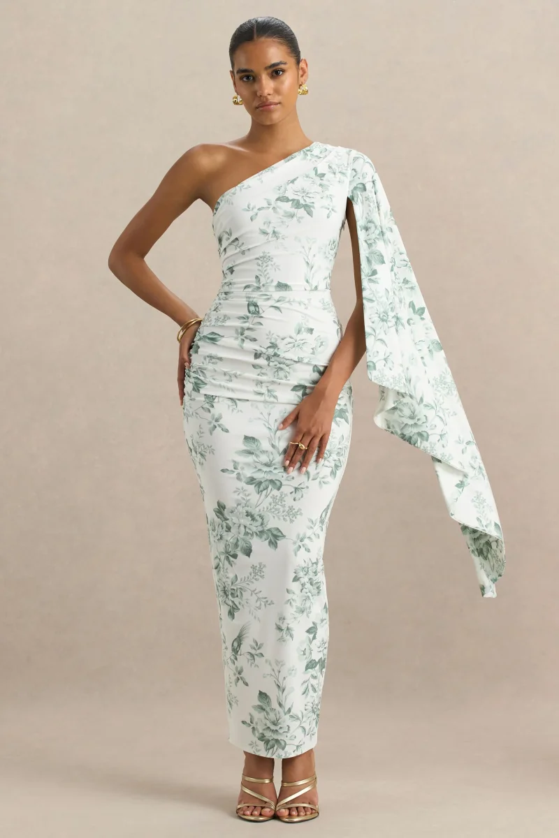 Clementina | Vestido largo verde con estampado de porcelana y manga tipo capa asimétrica - Imagen 6