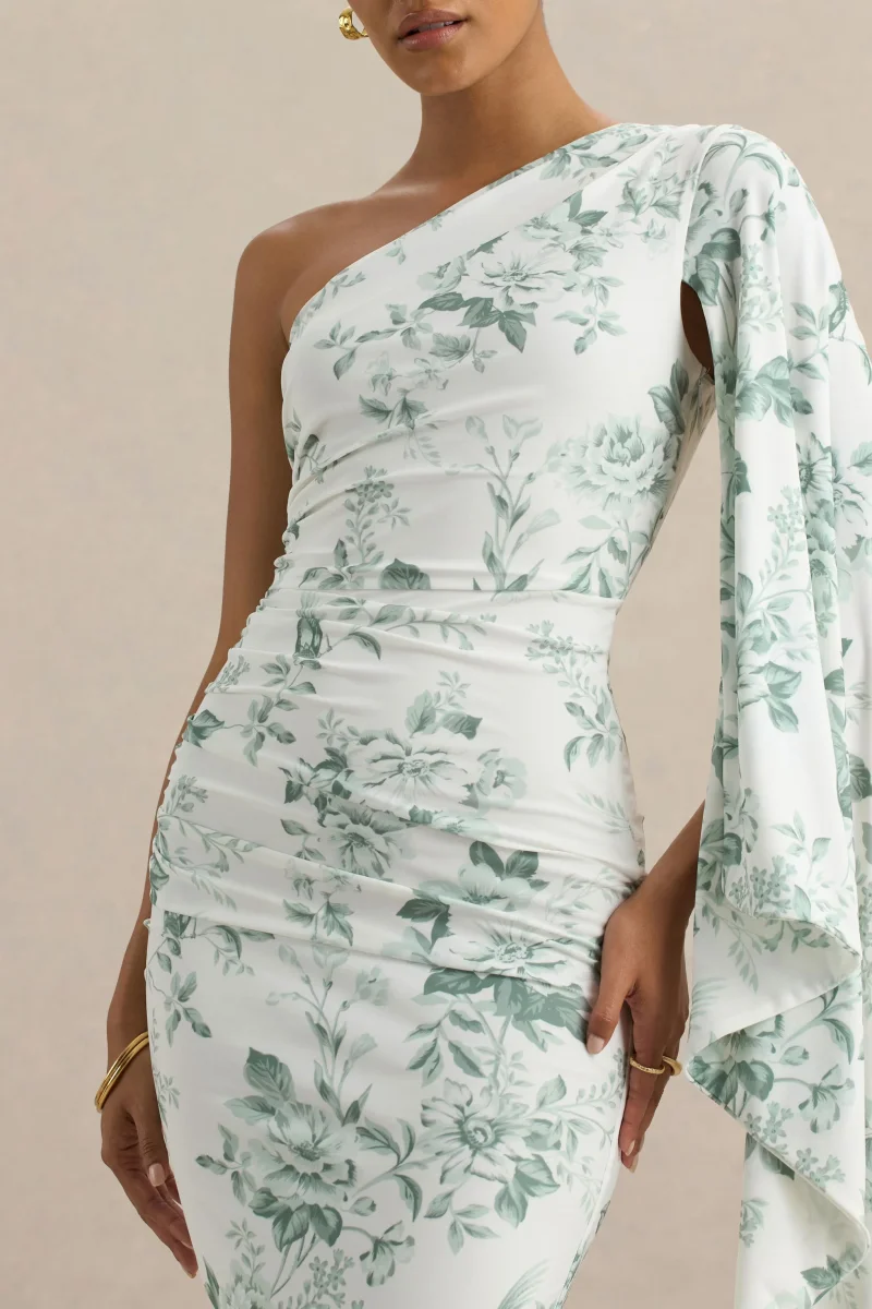 Clementina | Vestido largo verde con estampado de porcelana y manga tipo capa asimétrica - Imagen 3
