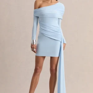 Savita | Vestido Corto Azul Empolvado Con Fruncido, Escote Asimétrico Y Drapeado