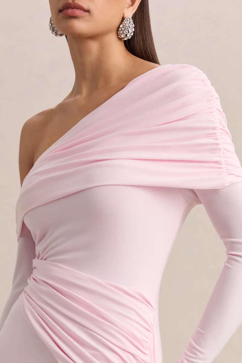 Savita | Vestido Corto Rosa Claro Con Fruncido, Escote Asimétrico Y Drapeado - Imagen 8