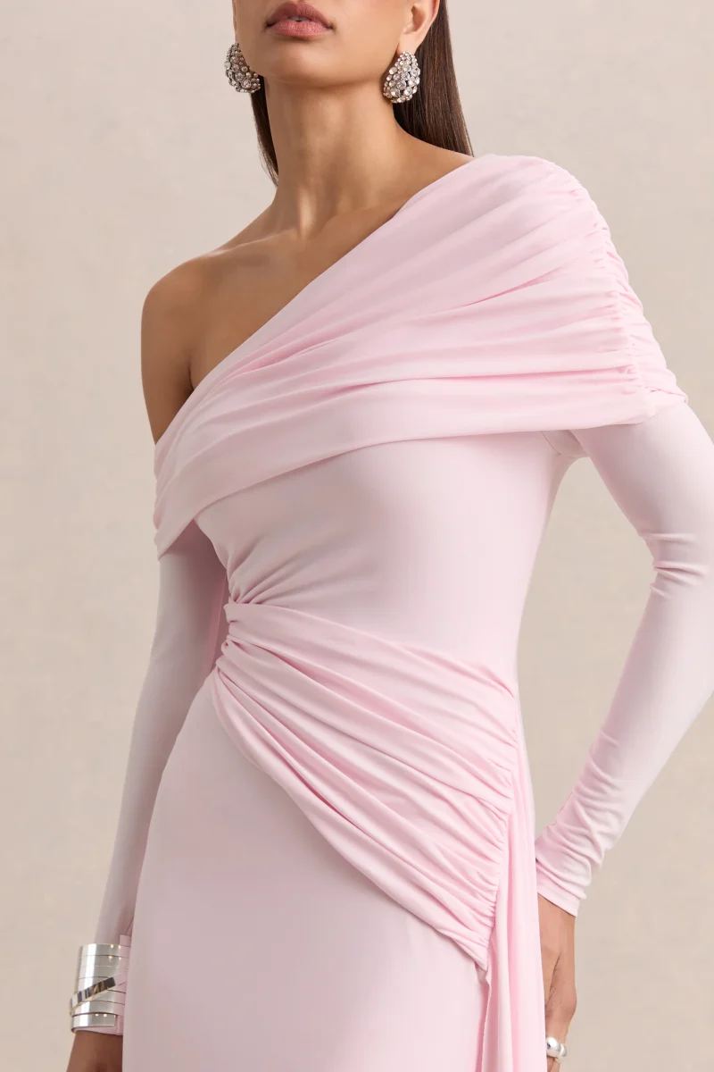 Savita | Vestido Corto Rosa Claro Con Fruncido, Escote Asimétrico Y Drapeado - Imagen 4