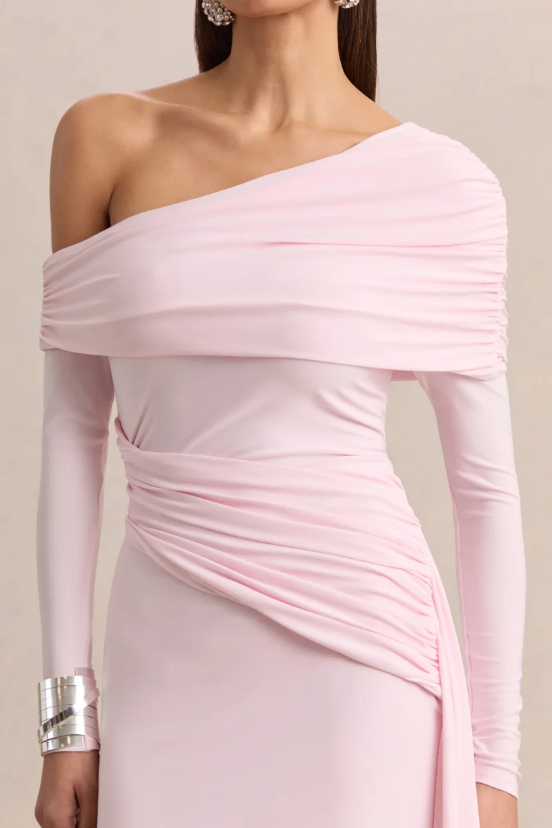 Savita | Vestido Corto Rosa Claro Con Fruncido, Escote Asimétrico Y Drapeado - Imagen 6