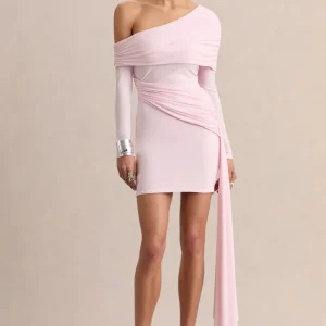 Savita | Vestido Corto Rosa Claro Con Fruncido, Escote Asimétrico Y Drapeado
