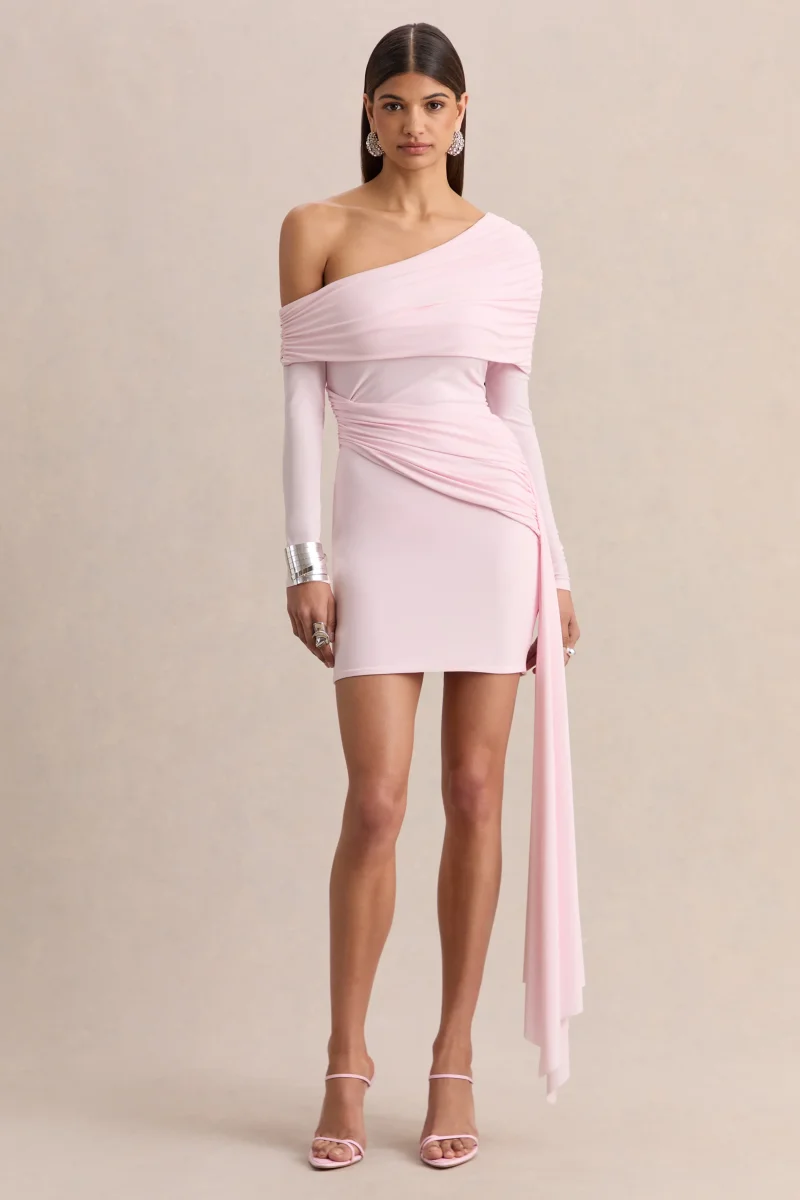 Savita | Vestido Corto Rosa Claro Con Fruncido, Escote Asimétrico Y Drapeado