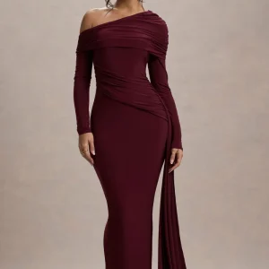 Valina |  Vestido largo en  Burdeos Fruncido Asimétrico con Caída