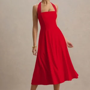 Auburn | Vestido midi rojo halter estilo skater