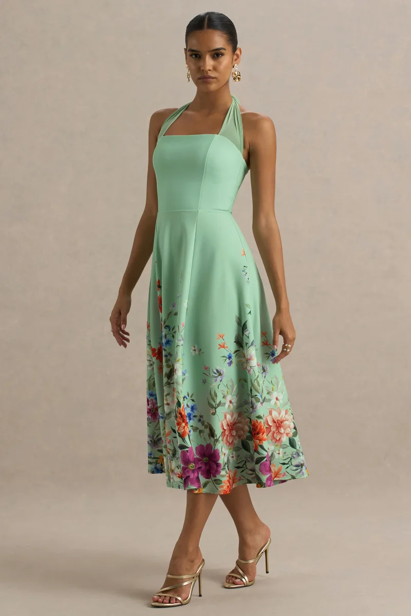 Auburn | Vestido midi con escote halter en verde menta con detalle de flores en el bajo - Imagen 5