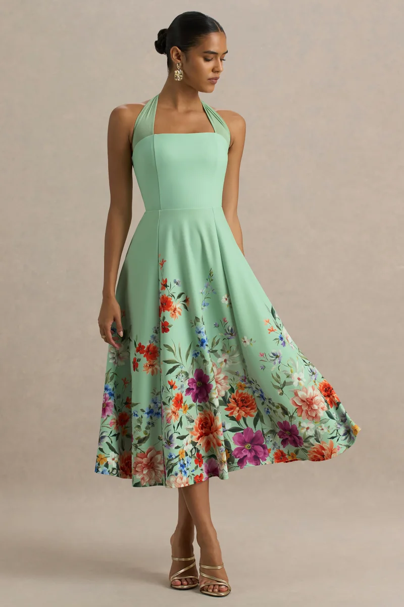 Auburn | Vestido midi con escote halter en verde menta con detalle de flores en el bajo - Imagen 6