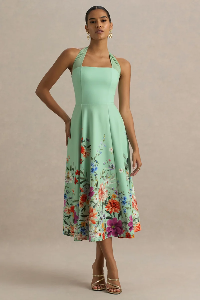 Auburn | Vestido midi con escote halter en verde menta con detalle de flores en el bajo - Imagen 2