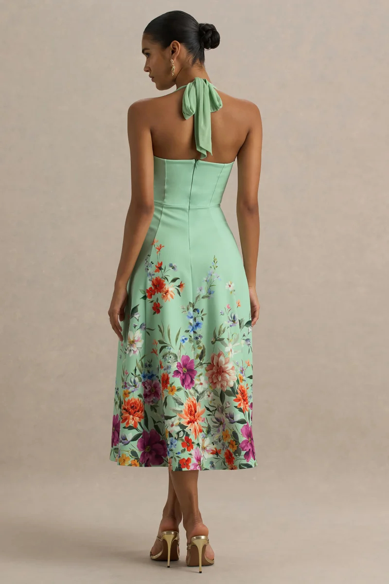 Auburn | Vestido midi con escote halter en verde menta con detalle de flores en el bajo - Imagen 3