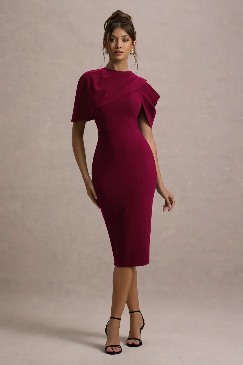 Dorothea | Vestido Midi Drapeado con Capa en color frambuesa - Imagen 5