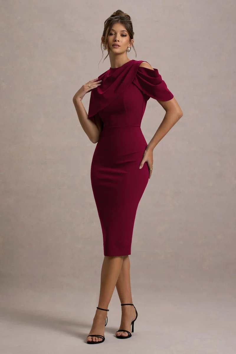 Dorothea | Vestido Midi Drapeado con Capa en color frambuesa - Imagen 6