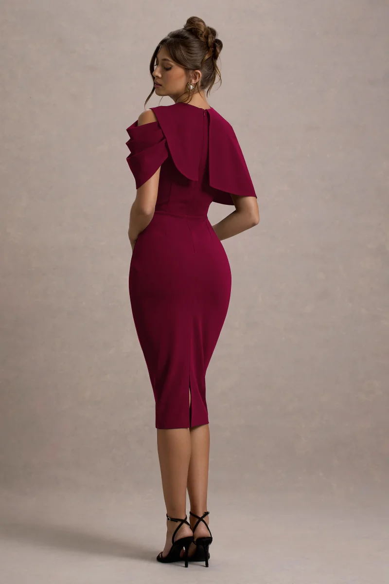 Dorothea | Vestido Midi Drapeado con Capa en color frambuesa - Imagen 3